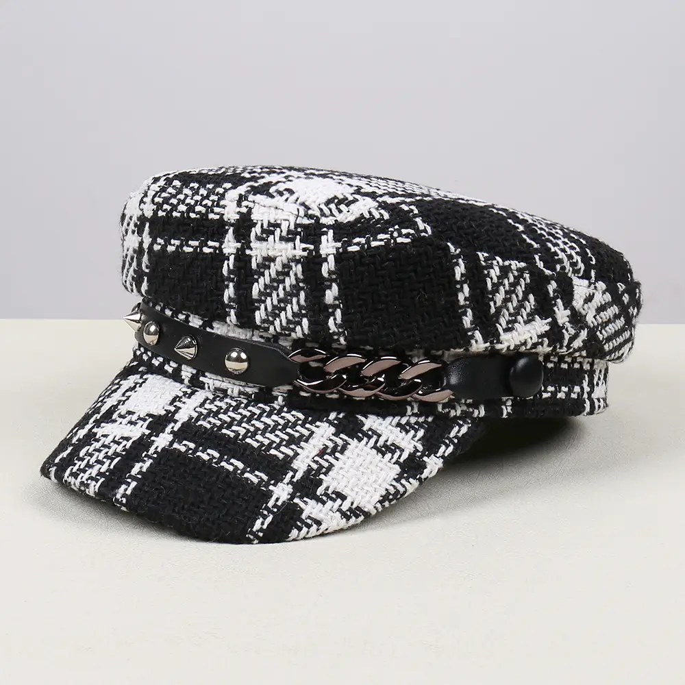 Black White Plaid Duckbill Cap with Metal Buckles - Image 2