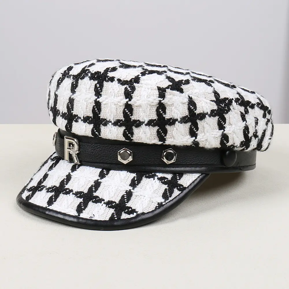 Black White Plaid Duckbill Cap with Metal Buckles - Image 3