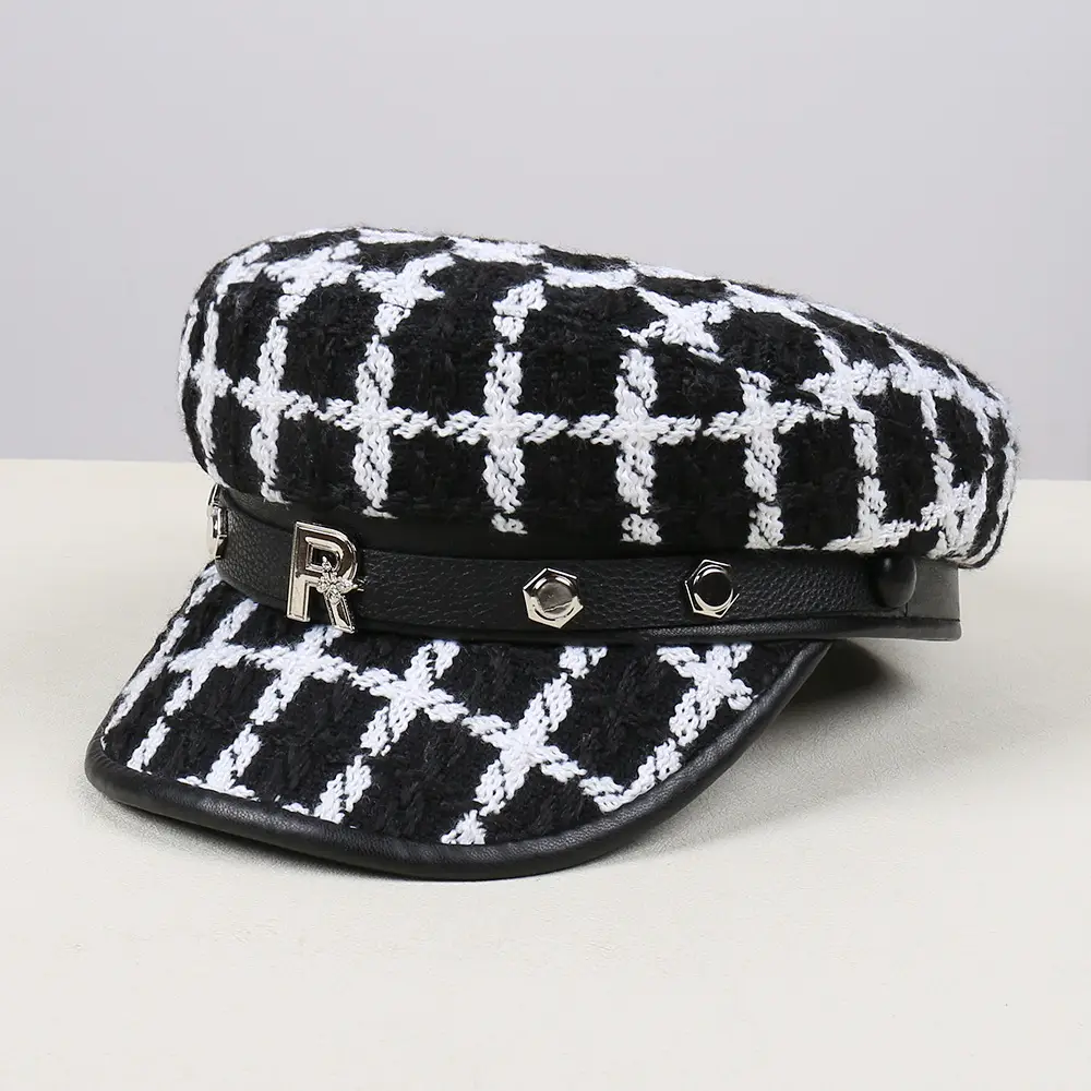 Black White Plaid Duckbill Cap with Metal Buckles - Image 4