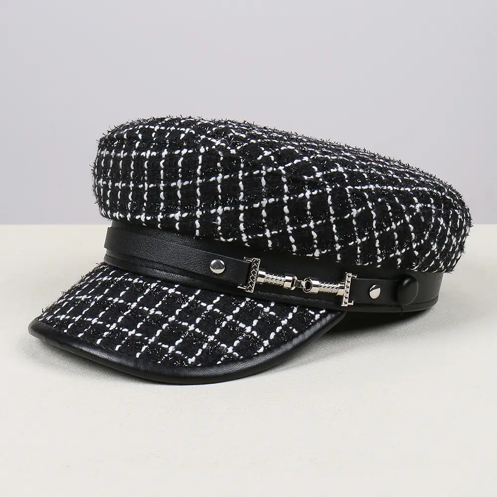 Black White Plaid Duckbill Cap with Metal Buckles - Image 6