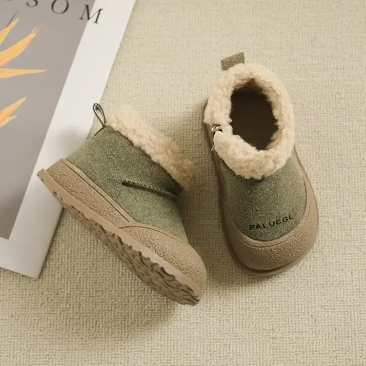 Girls' Green Velvet Snow Boots with Fleece Lining