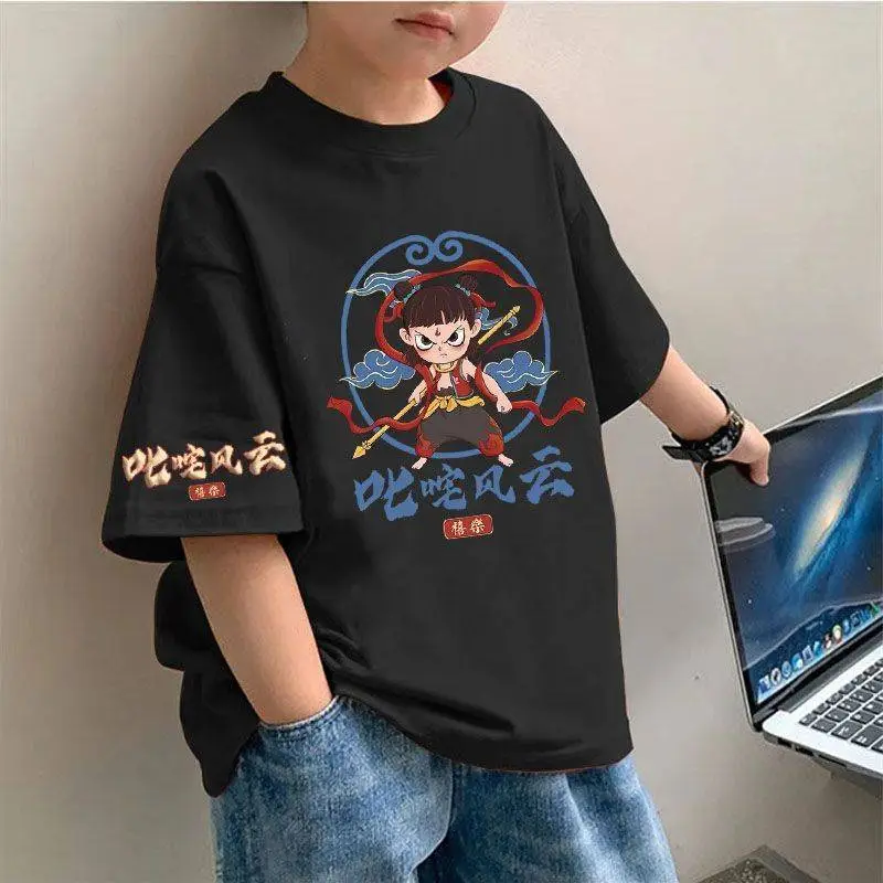 Boys Nezha Cotton T-Shirt Pink Loose Sleeve - Image 9