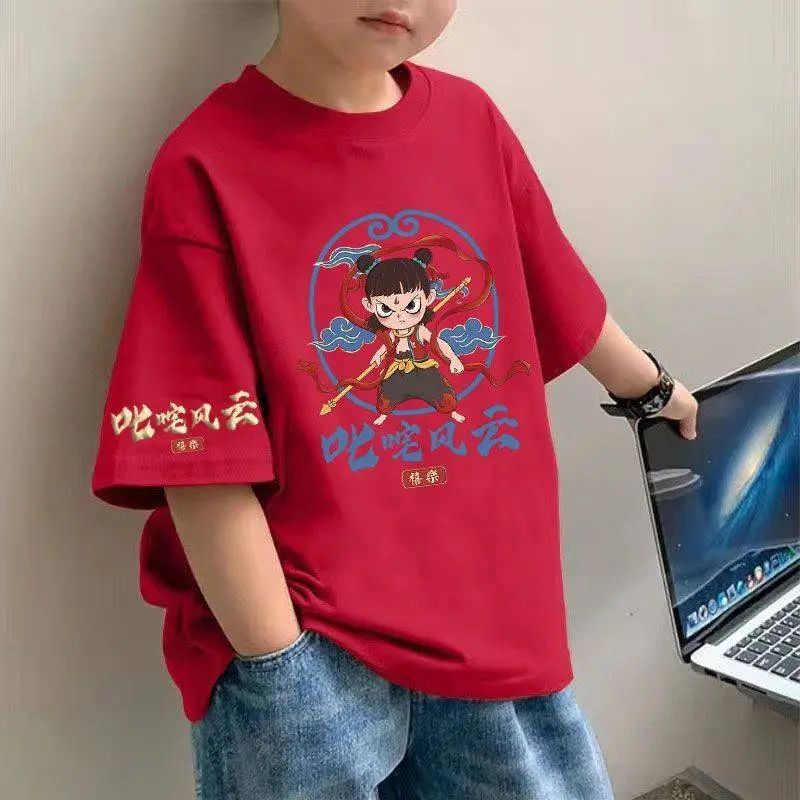 Boys Nezha Cotton T-Shirt Pink Loose Sleeve - Image 4