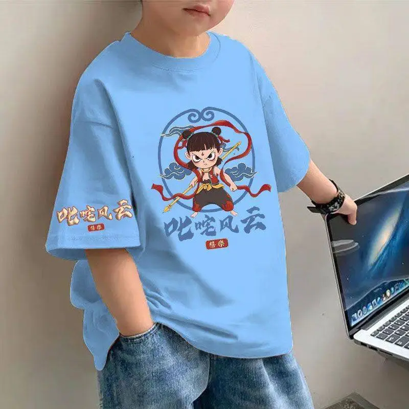 Boys Nezha Cotton T-Shirt Pink Loose Sleeve - Image 5