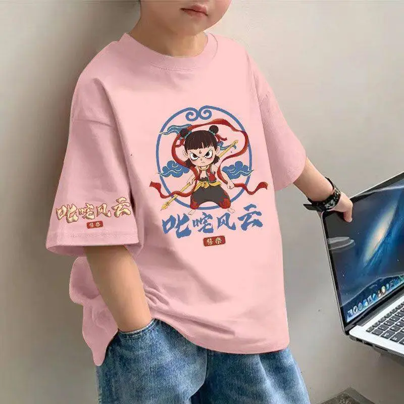 Boys Nezha Cotton T-Shirt Pink Loose Sleeve - Image 6