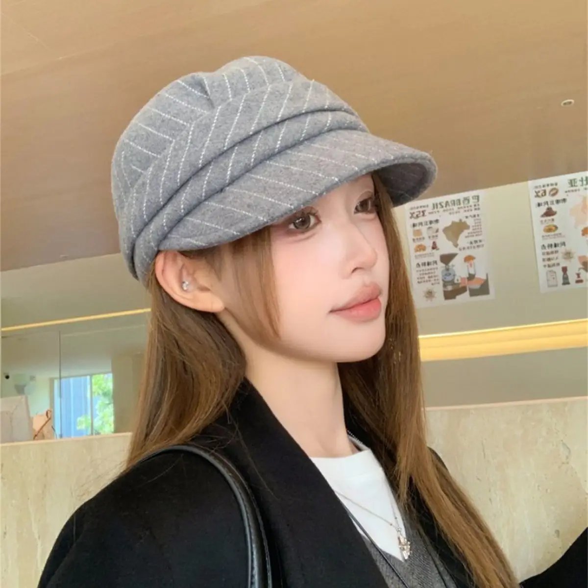 Women Striped Duckbill Cap Autumn Winter Warm Beret - Image 7