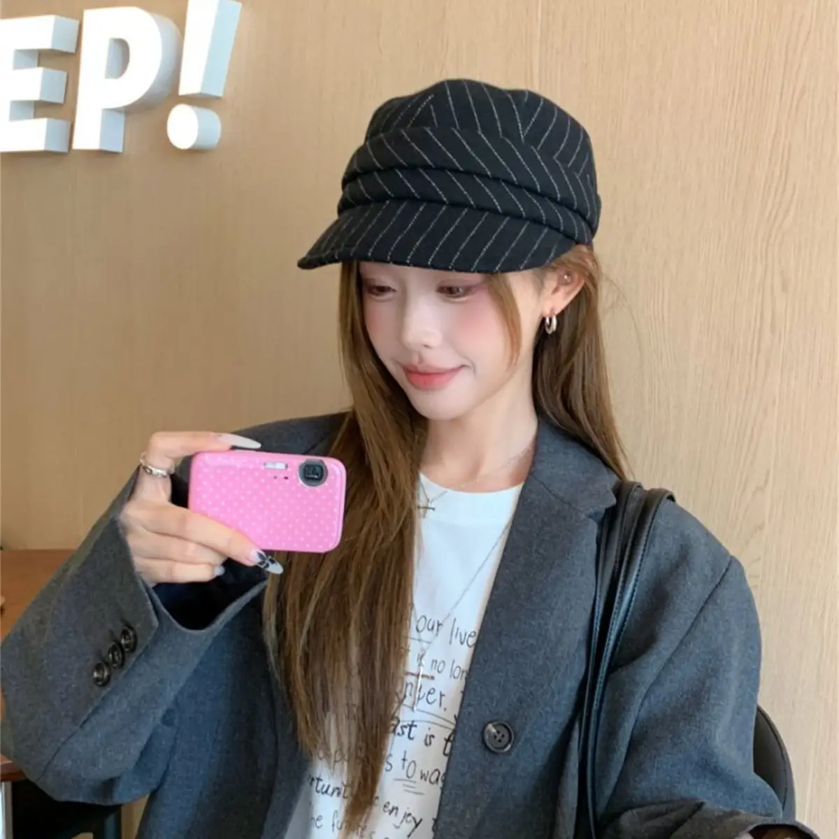 Women Striped Duckbill Cap Autumn Winter Warm Beret - Image 8