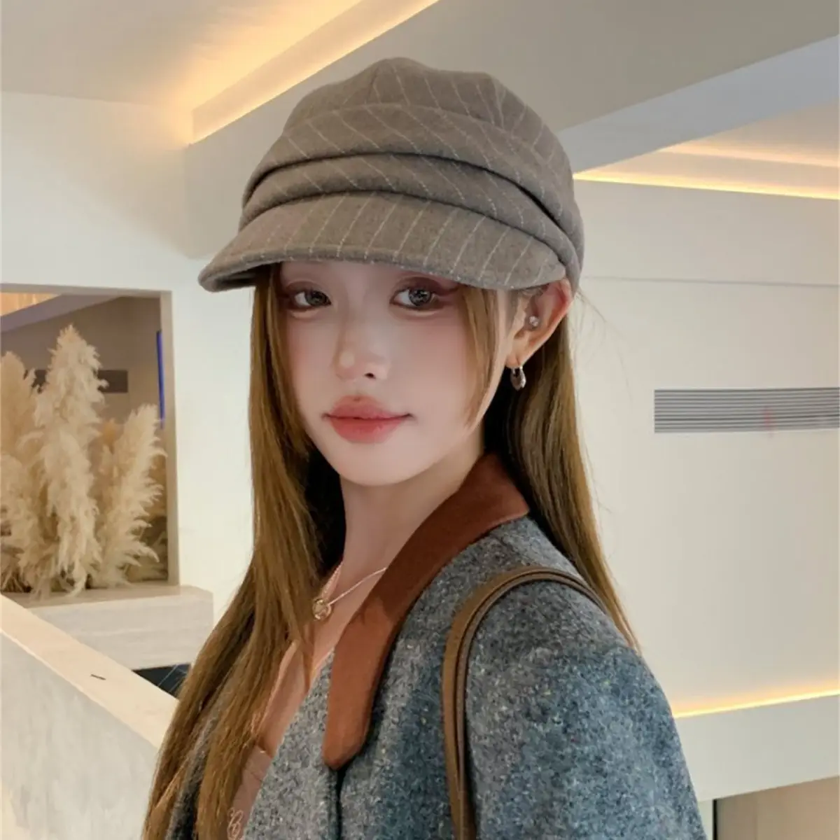 Women Striped Duckbill Cap Autumn Winter Warm Beret - Image 9