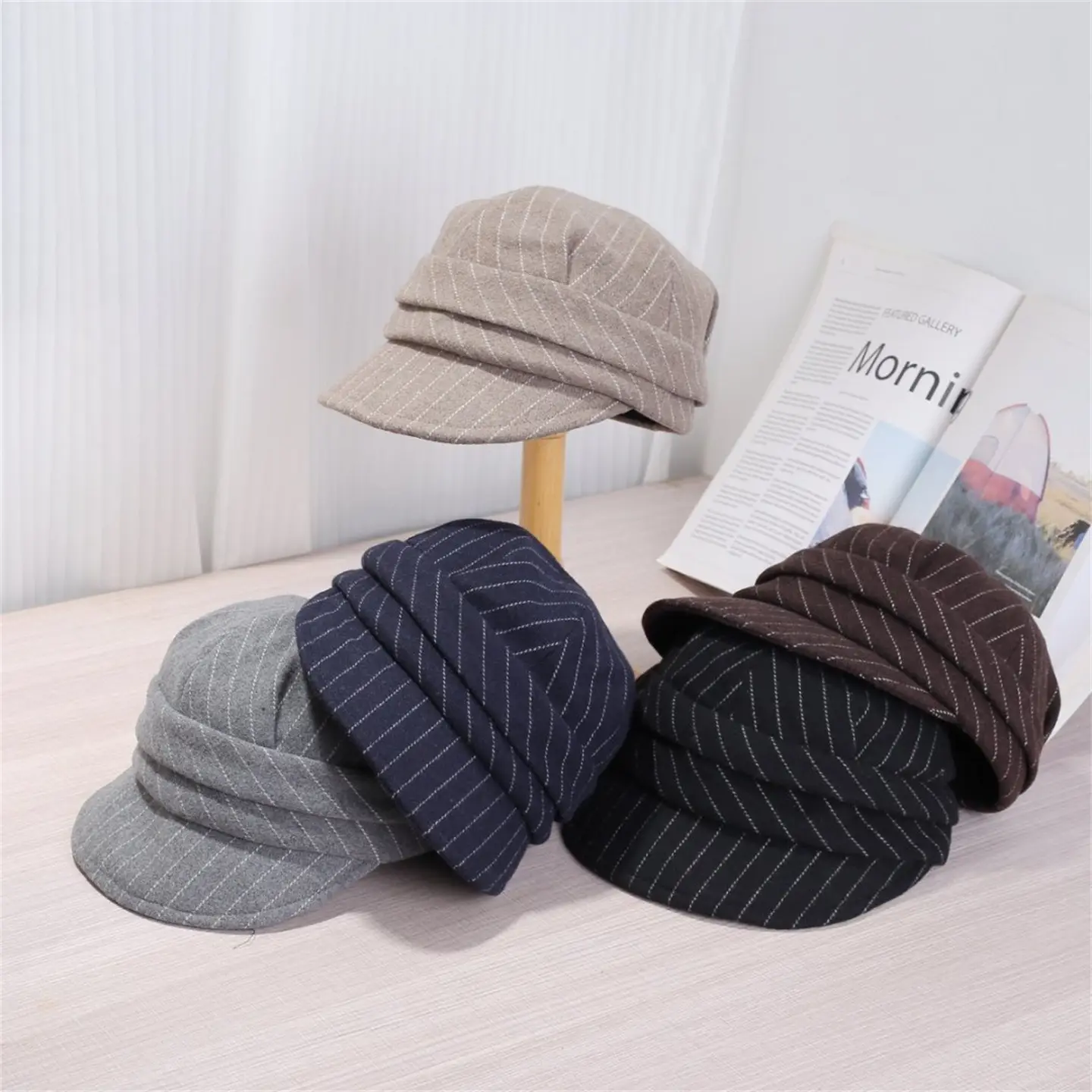 Women Striped Duckbill Cap Autumn Winter Warm Beret — feature 1