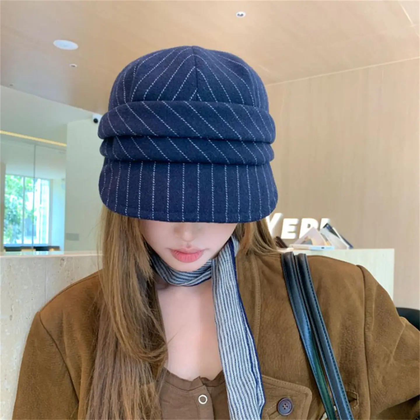 Women Striped Duckbill Cap Autumn Winter Warm Beret — feature 10
