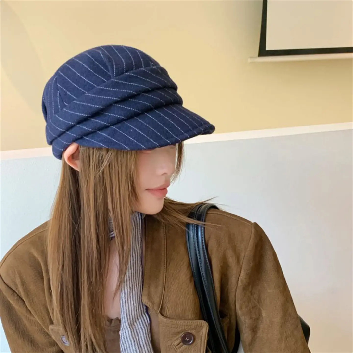 Women Striped Duckbill Cap Autumn Winter Warm Beret — feature 12