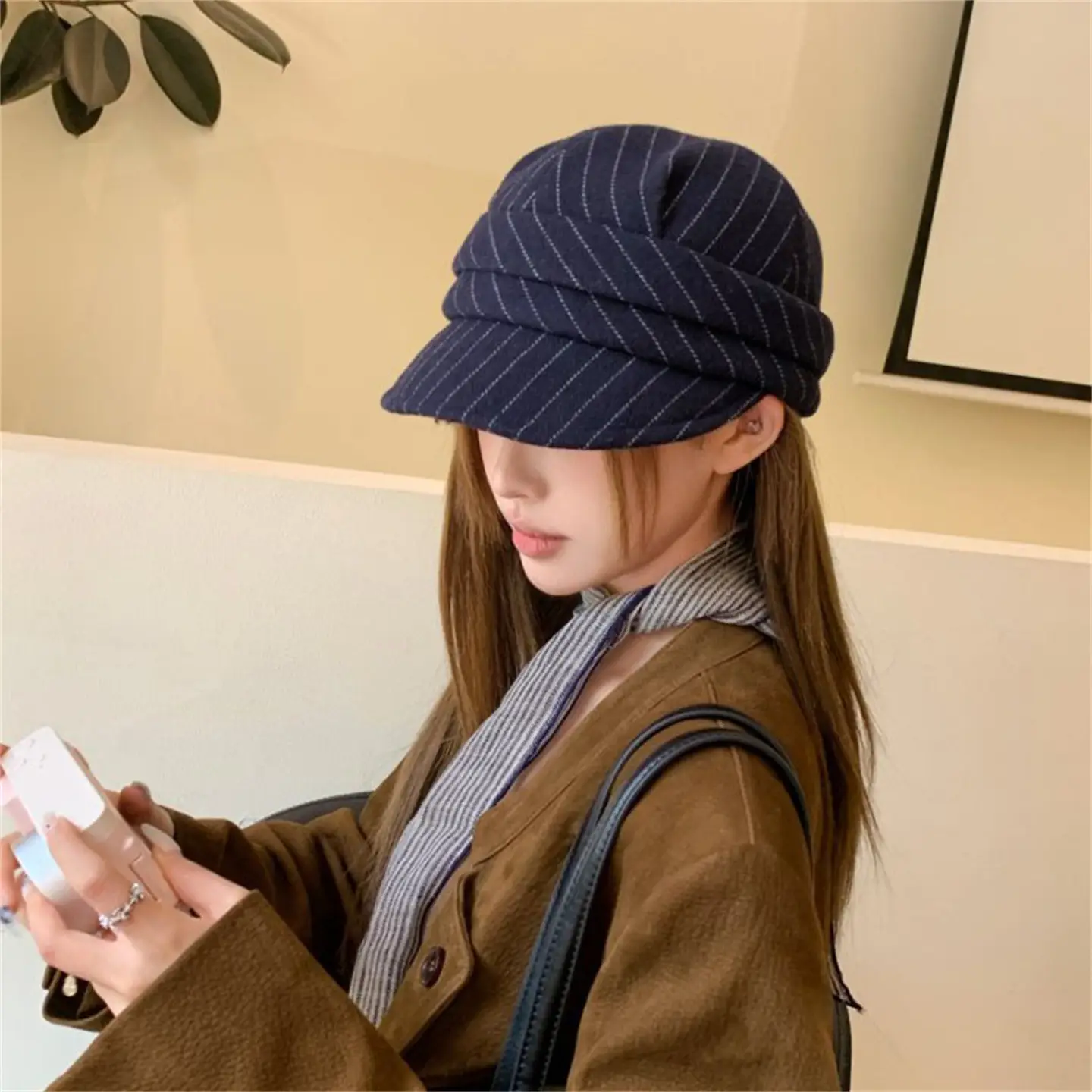 Women Striped Duckbill Cap Autumn Winter Warm Beret — feature 13