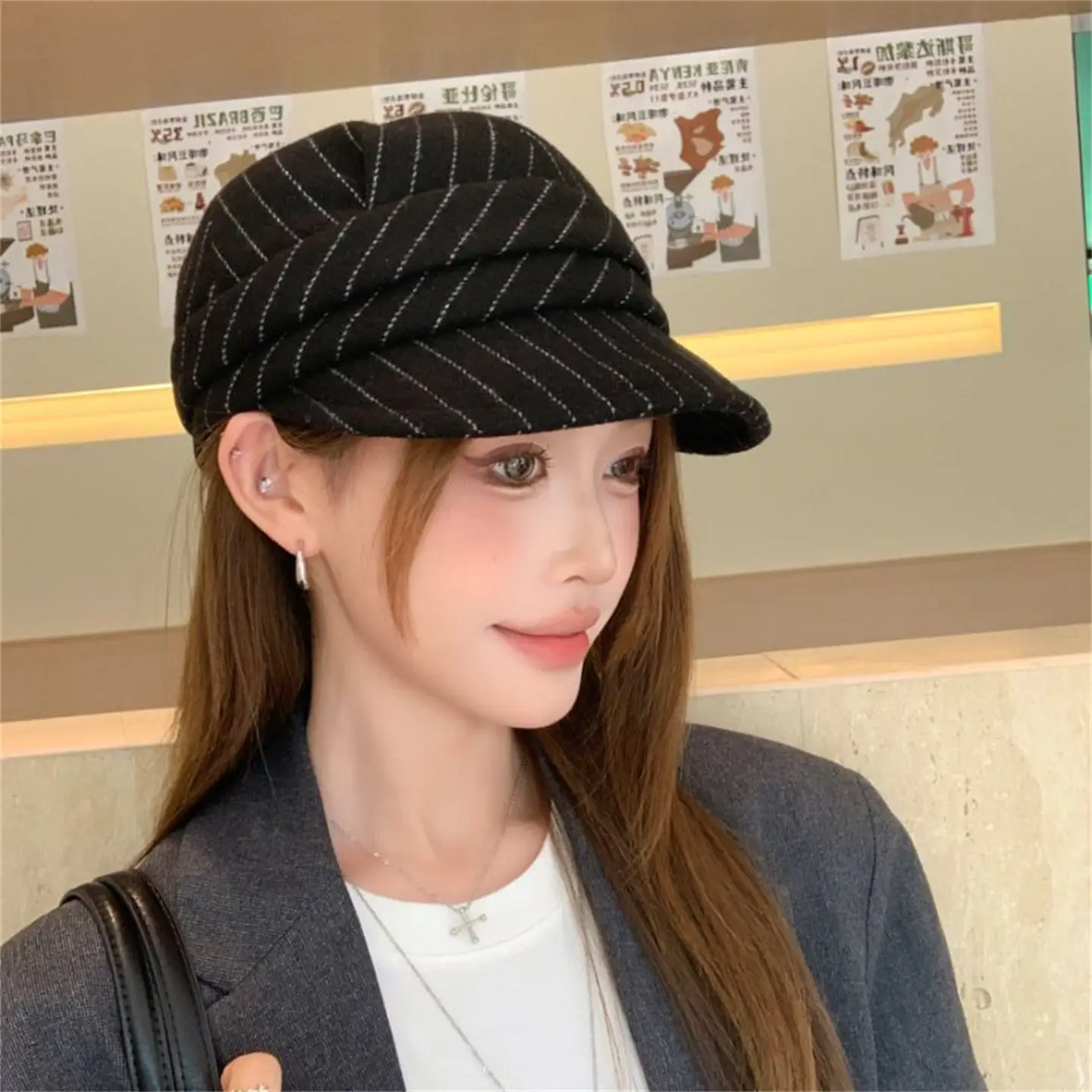 Women Striped Duckbill Cap Autumn Winter Warm Beret — feature 14