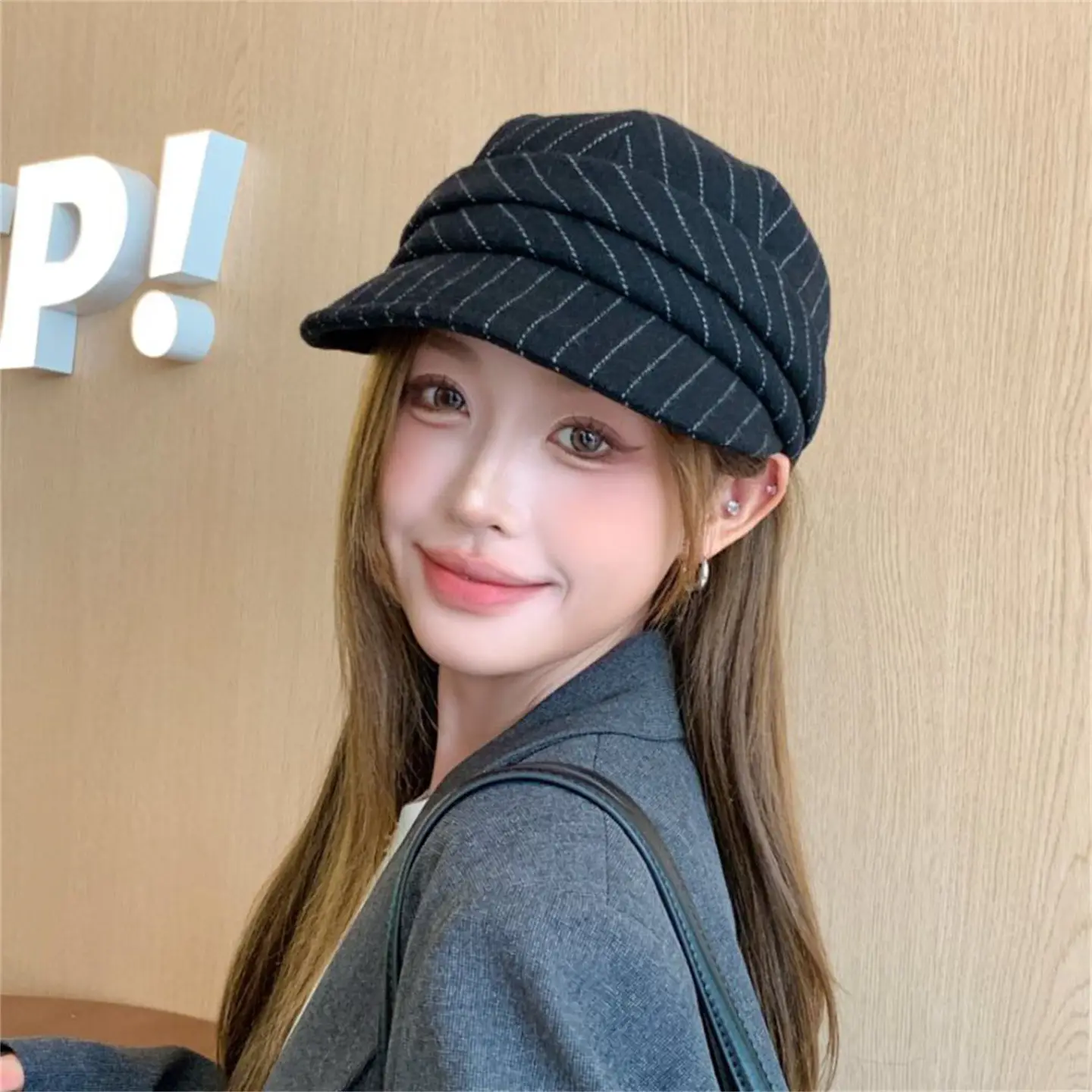Women Striped Duckbill Cap Autumn Winter Warm Beret — feature 15