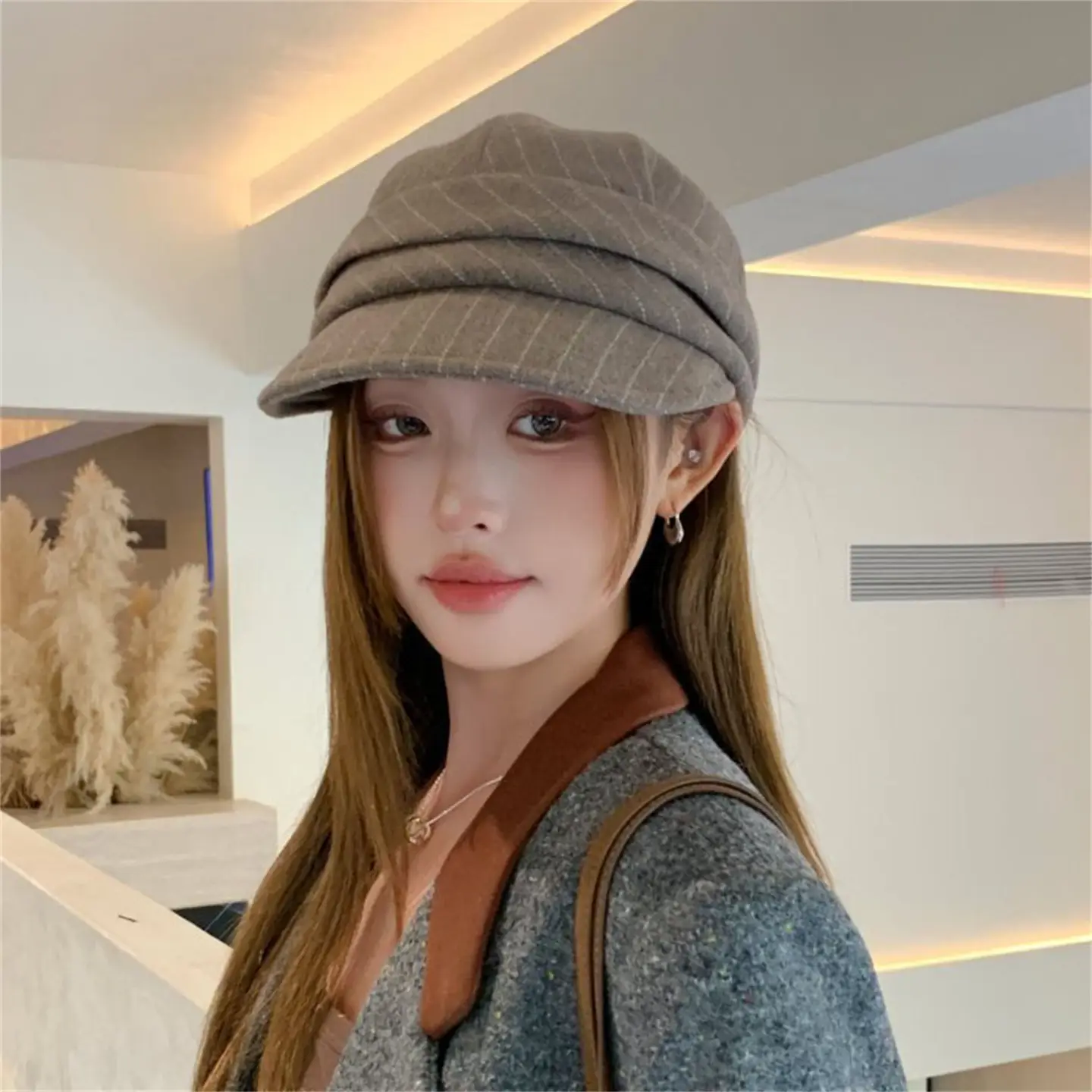 Women Striped Duckbill Cap Autumn Winter Warm Beret — feature 16