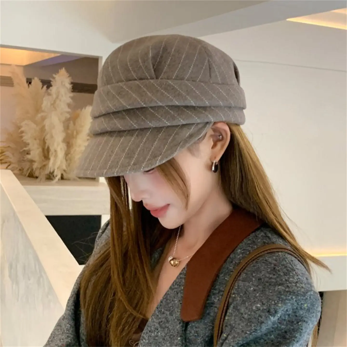 Women Striped Duckbill Cap Autumn Winter Warm Beret — feature 17