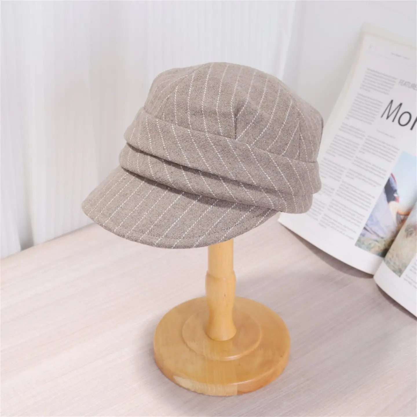 Women Striped Duckbill Cap Autumn Winter Warm Beret — feature 2