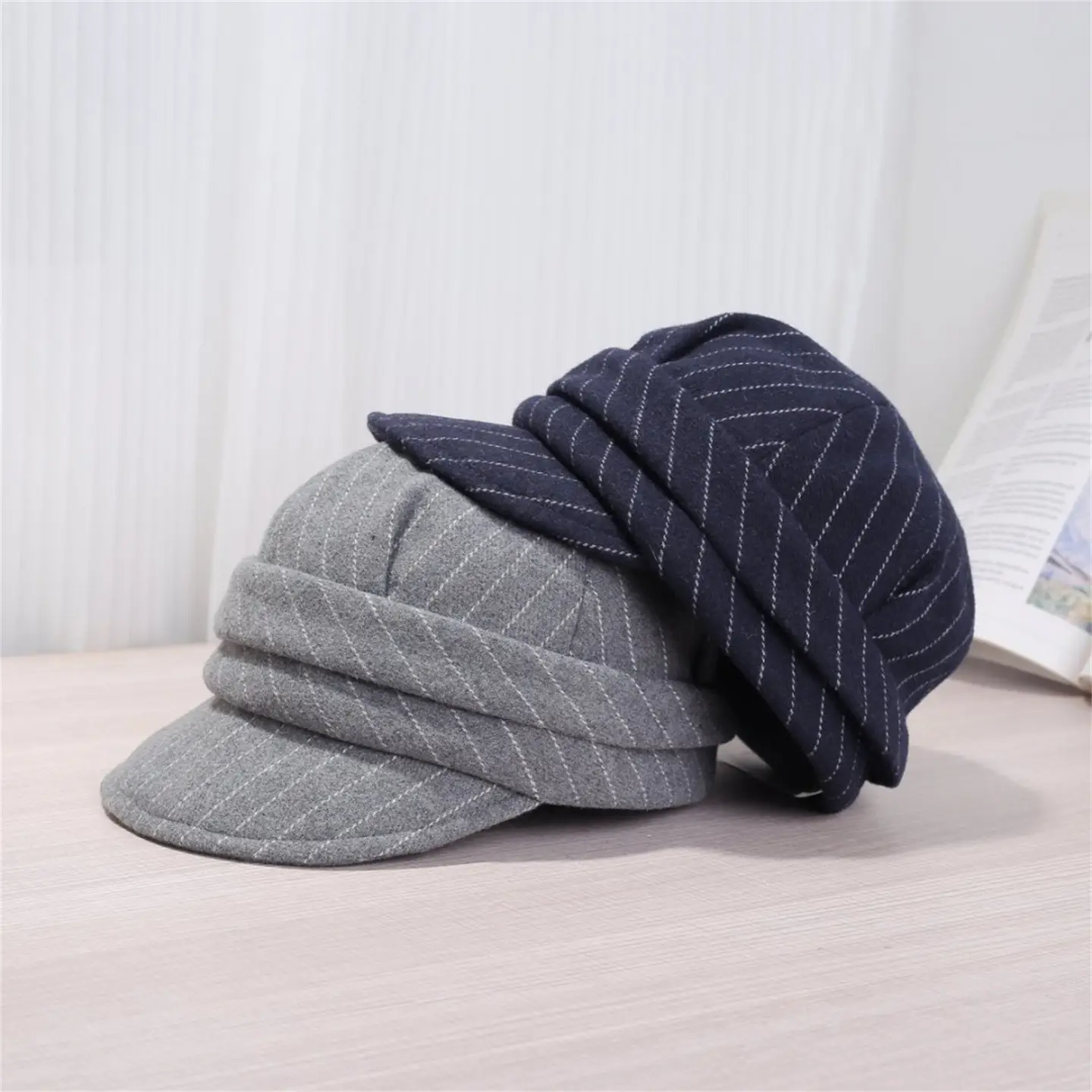 Women Striped Duckbill Cap Autumn Winter Warm Beret — feature 4