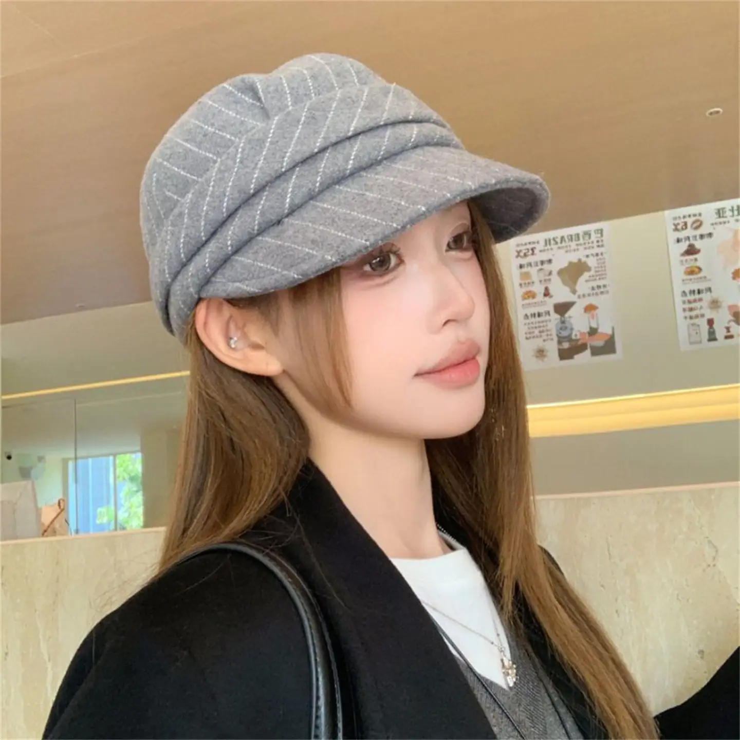 Women Striped Duckbill Cap Autumn Winter Warm Beret — feature 6