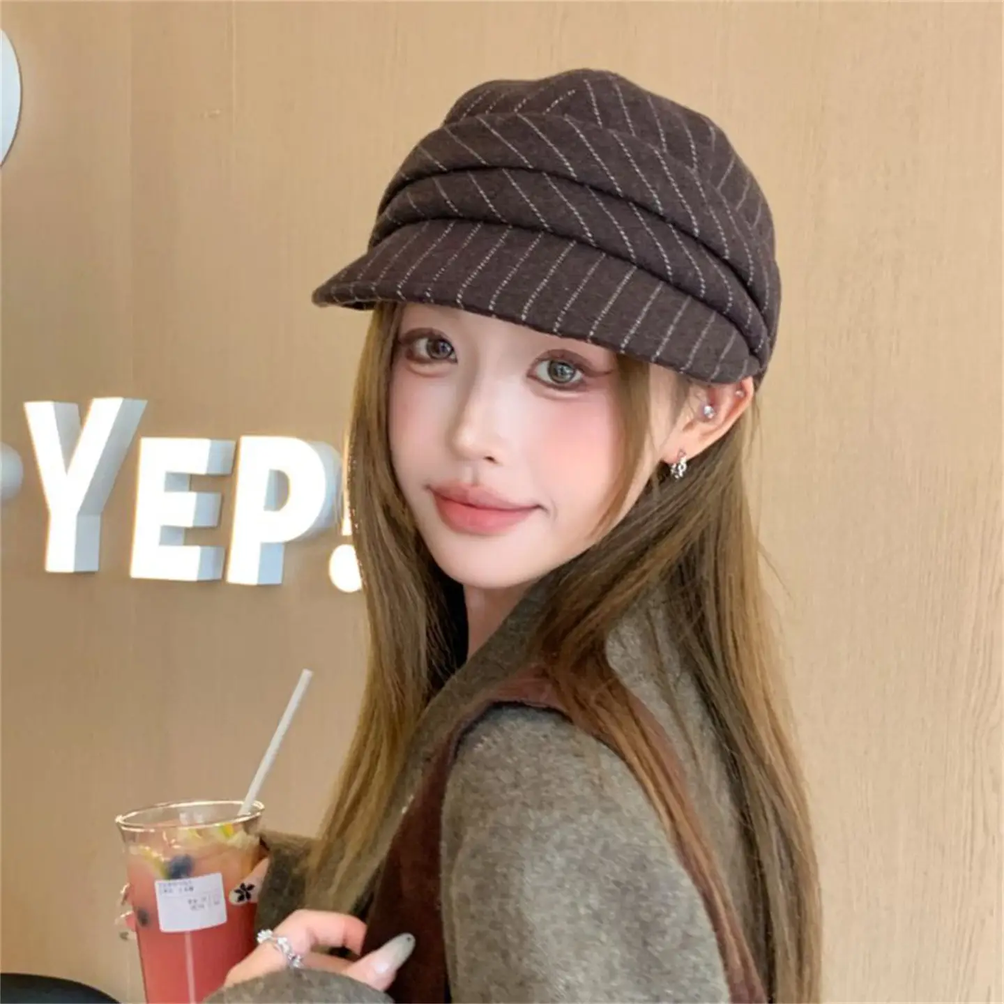 Women Striped Duckbill Cap Autumn Winter Warm Beret — feature 8