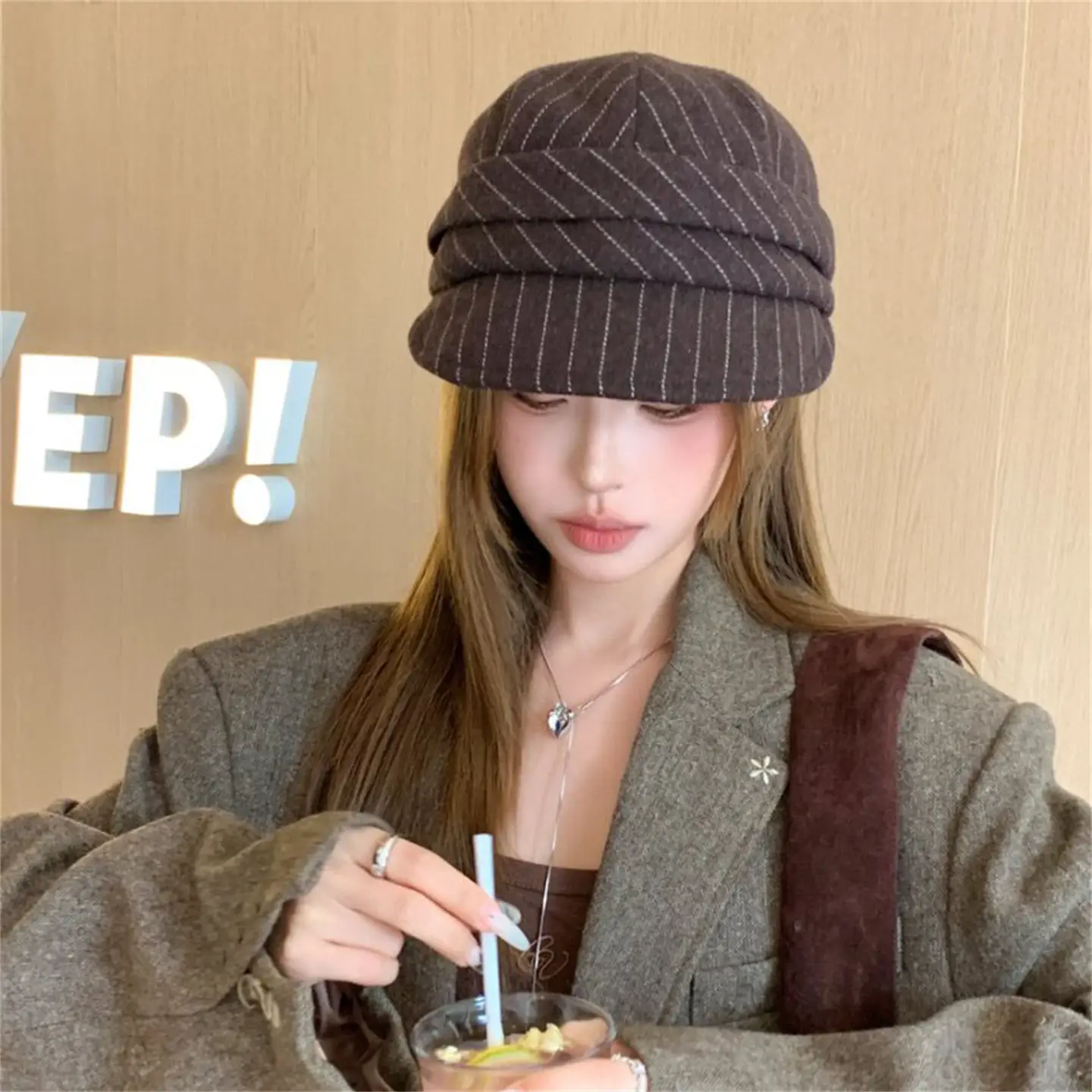 Women Striped Duckbill Cap Autumn Winter Warm Beret — feature 9
