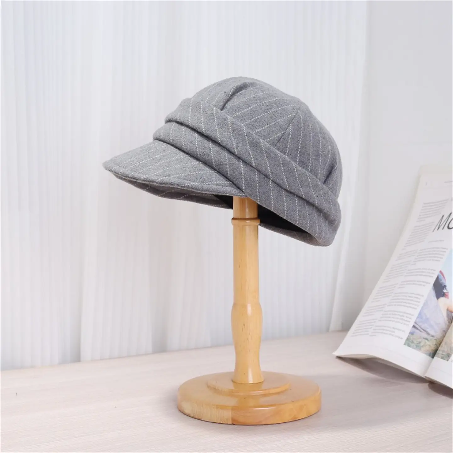 Women Striped Duckbill Cap Autumn Winter Warm Beret - Image 2