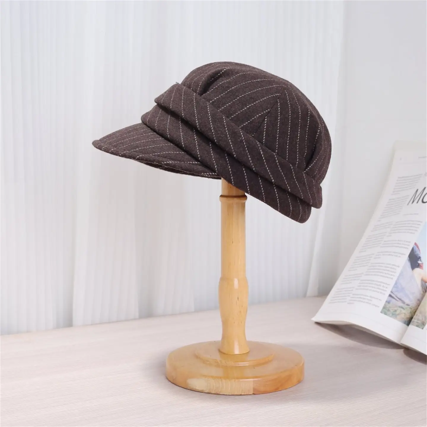 Women Striped Duckbill Cap Autumn Winter Warm Beret - Image 3