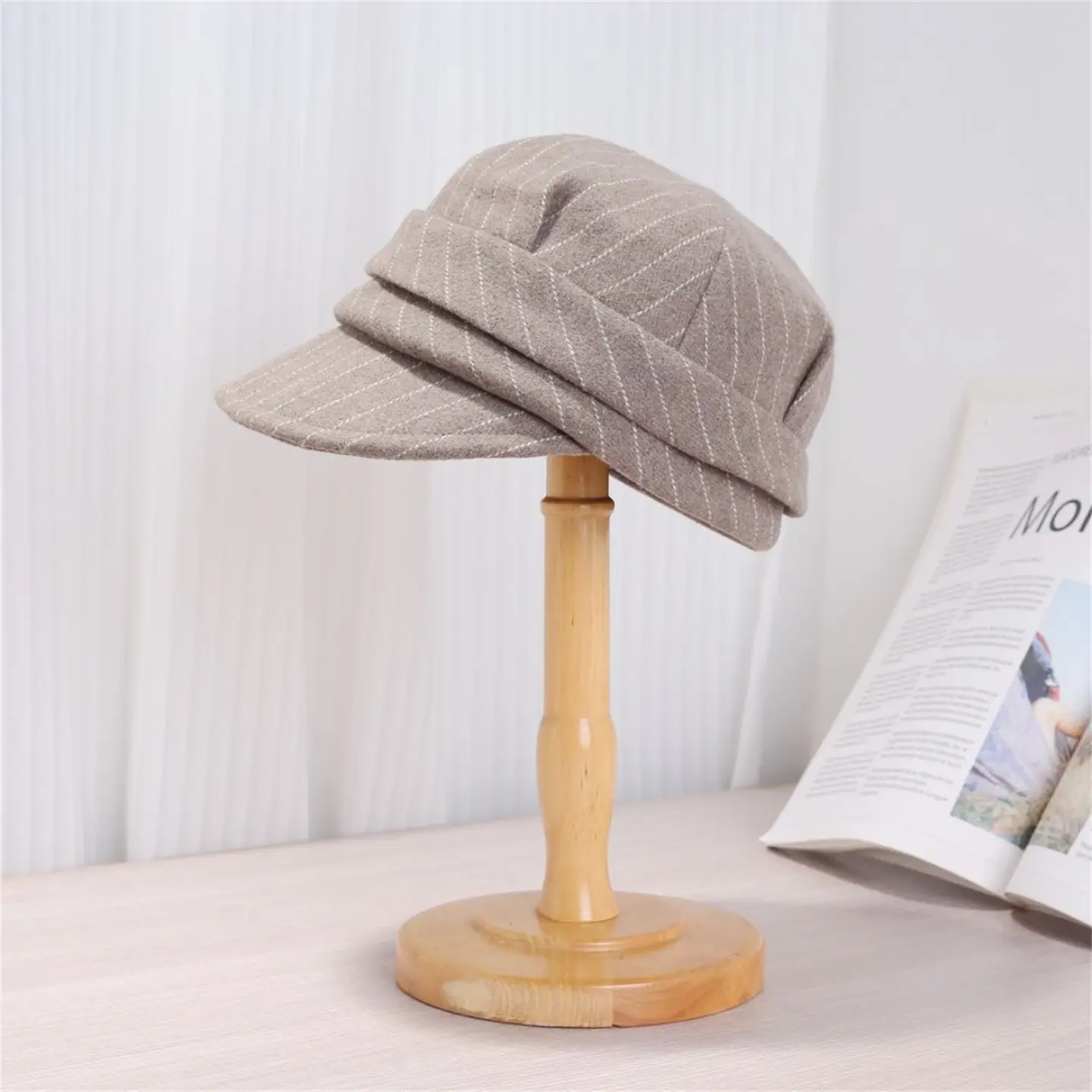 Women Striped Duckbill Cap Autumn Winter Warm Beret - Image 4