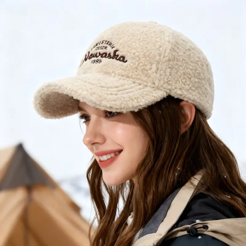 Women's Faux Wool Winter Cap Beige 1980s Style - Image 7