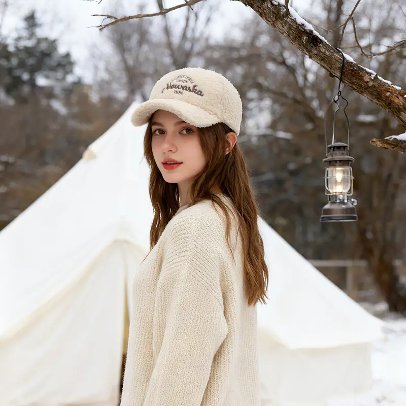 Women's Faux Wool Winter Cap Beige 1980s Style — feature 2