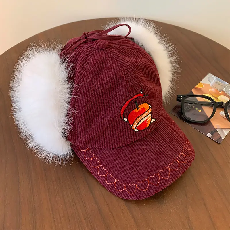 Winter Warm Ear Cap for Women Brown with Faux Fur - Image 2