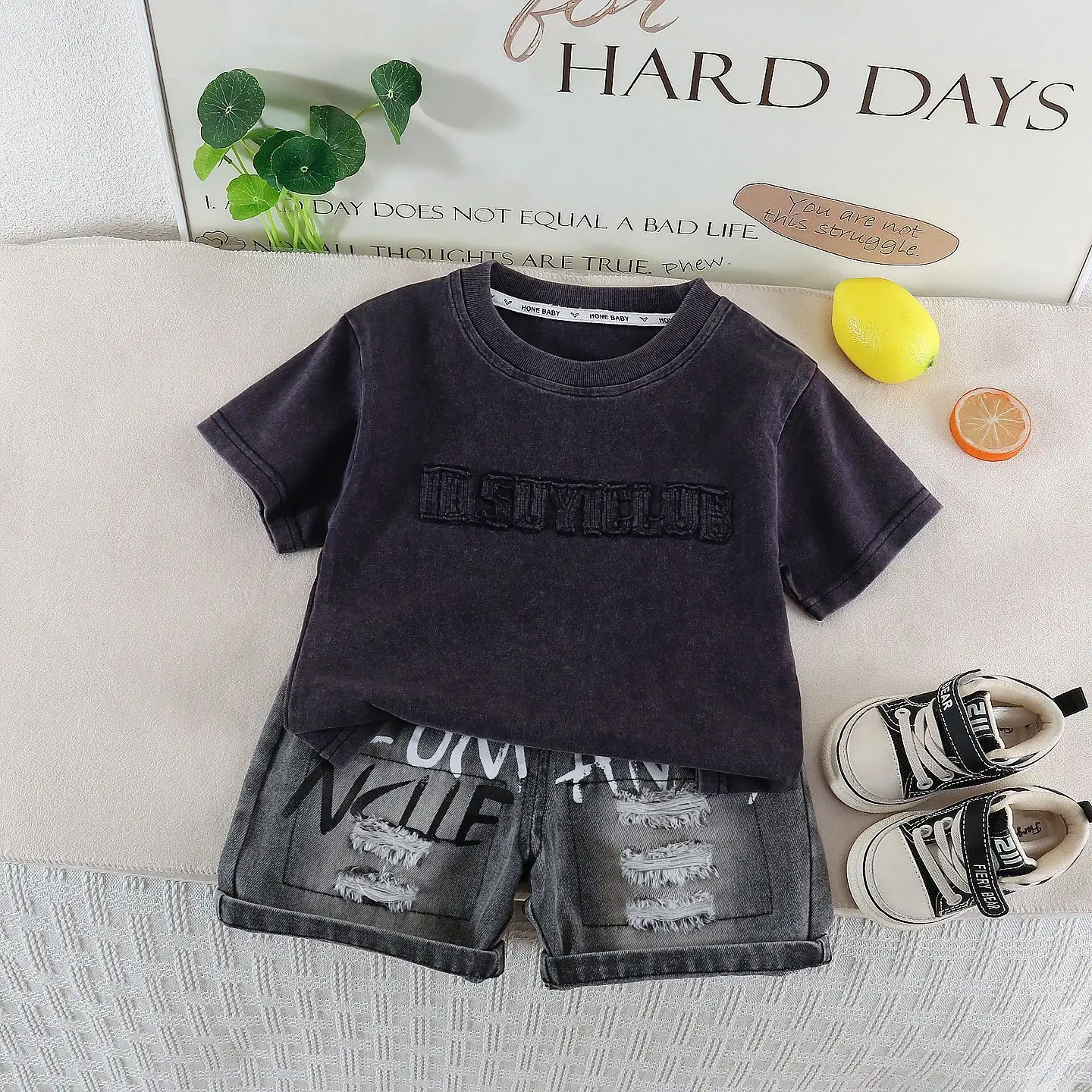 Kids Embroidered T-Shirt Shorts Set Dark Blue Casual Korean Style - Image 3