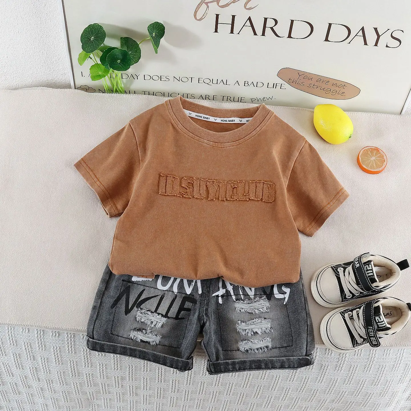 Kids Embroidered T-Shirt Shorts Set Dark Blue Casual Korean Style — feature 3