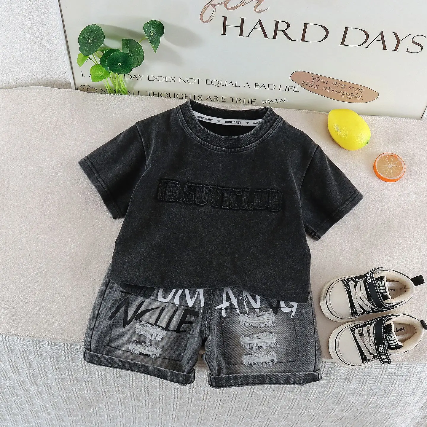 Kids Embroidered T-Shirt Shorts Set Dark Blue Casual Korean Style — feature 4