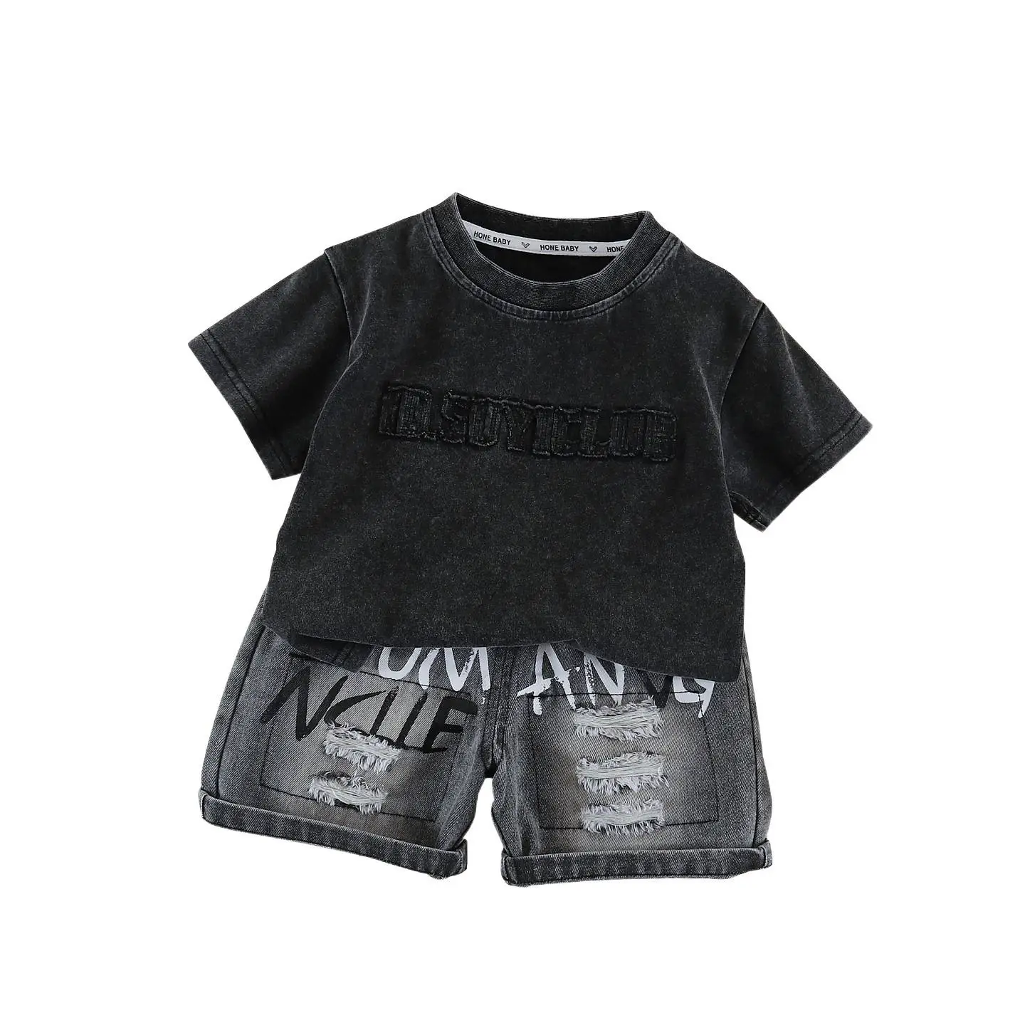 Kids Embroidered T-Shirt Shorts Set Dark Blue Casual Korean Style - Image 5