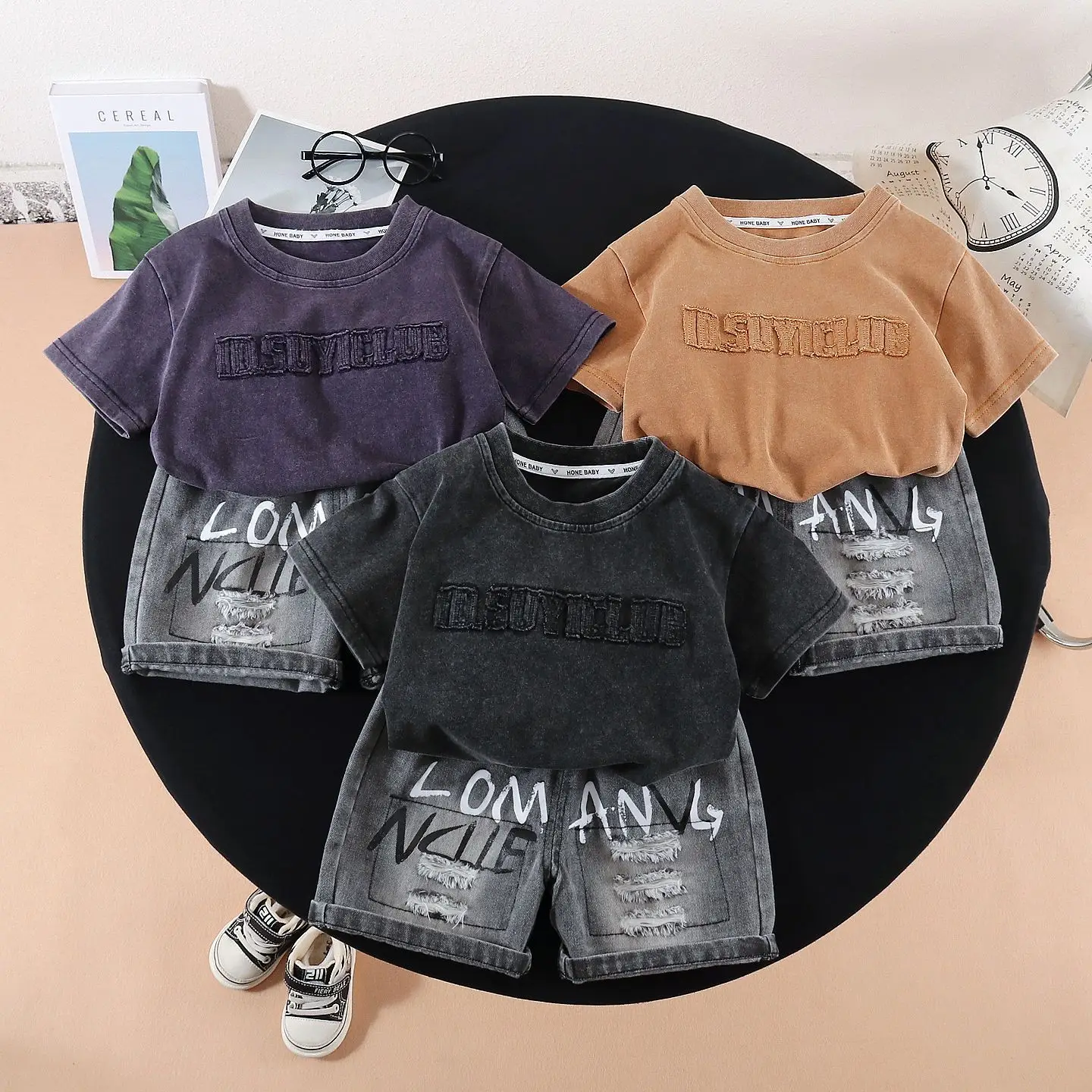 Kids Embroidered T-Shirt Shorts Set Dark Blue Casual Korean Style — feature 1