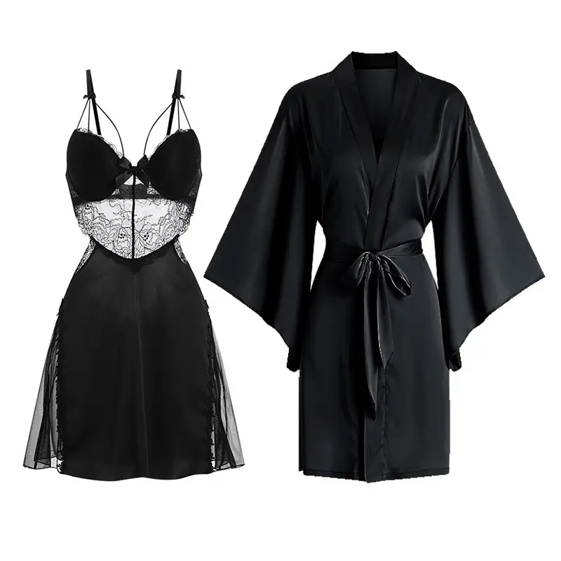 Pajamas for Women, Sexy and High-End Style, Summer Ice Silk Lace Backless Camisole with Chest Pads, Long-Sleeve Two-Piece Set, Thin Style