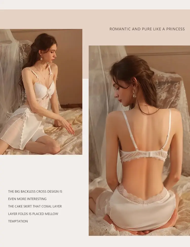 Pajamas for Women, Sexy and High-End Style, Summer Ice Silk Lace Backless Camisole with Chest Pads, Long-Sleeve Two-Piece Set, Thin Style — feature 14