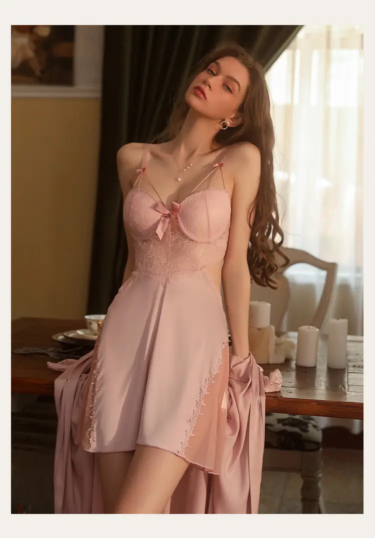 Pajamas for Women, Sexy and High-End Style, Summer Ice Silk Lace Backless Camisole with Chest Pads, Long-Sleeve Two-Piece Set, Thin Style — feature 17