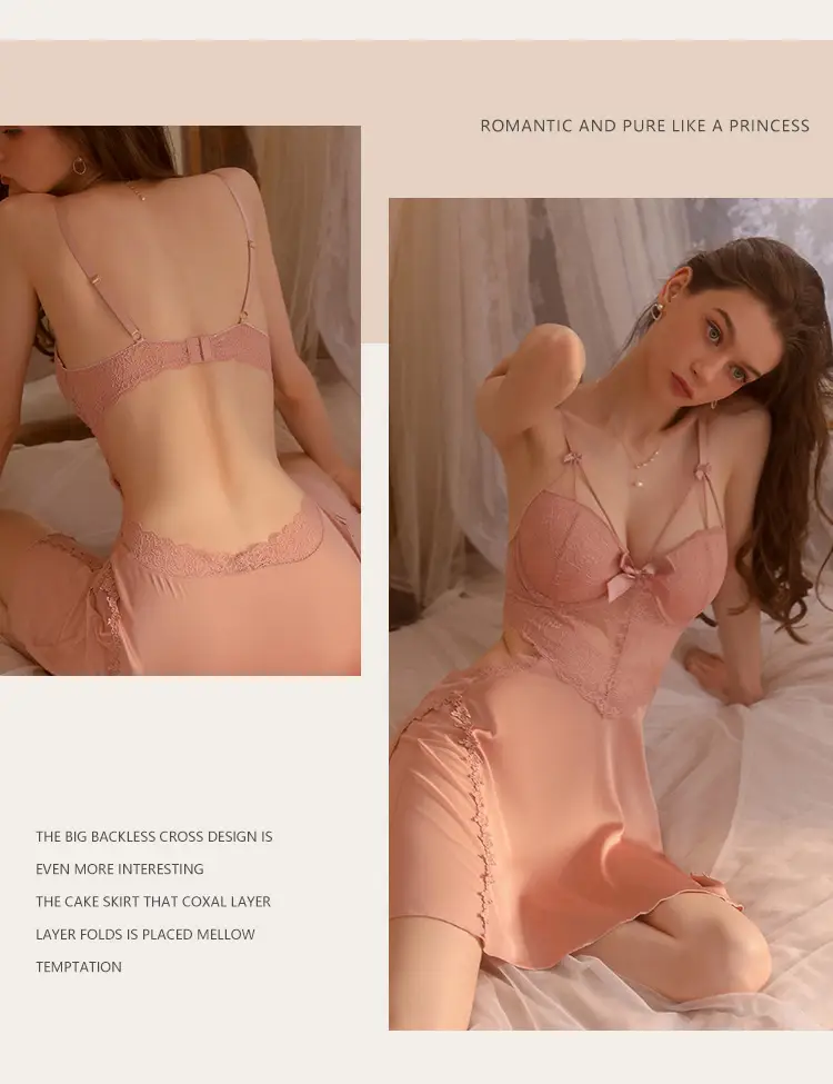 Pajamas for Women, Sexy and High-End Style, Summer Ice Silk Lace Backless Camisole with Chest Pads, Long-Sleeve Two-Piece Set, Thin Style — feature 2