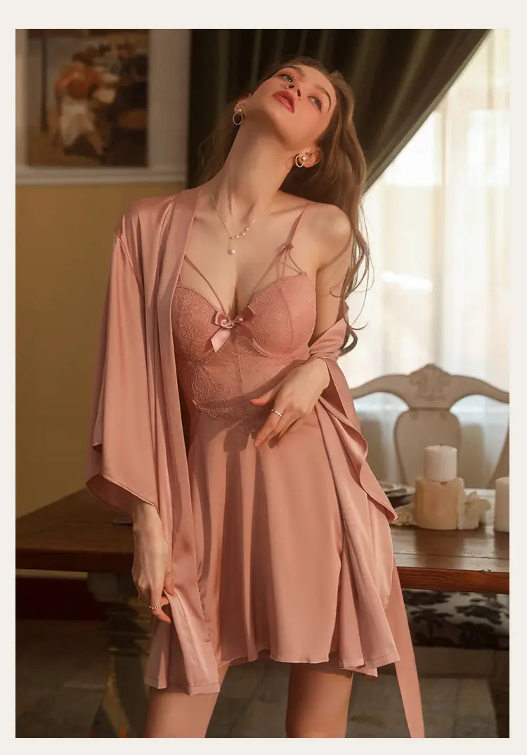 Pajamas for Women, Sexy and High-End Style, Summer Ice Silk Lace Backless Camisole with Chest Pads, Long-Sleeve Two-Piece Set, Thin Style — feature 4