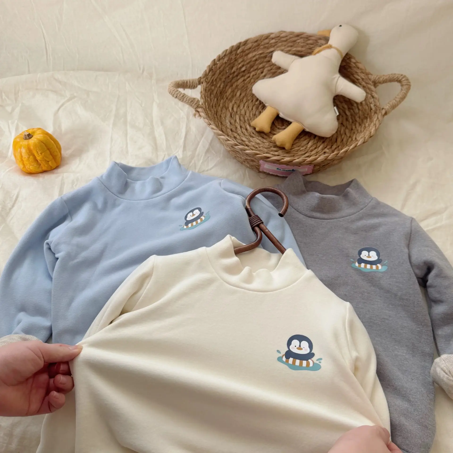 2025 Winter Boys Fleece T-Shirt Cream Double Layer