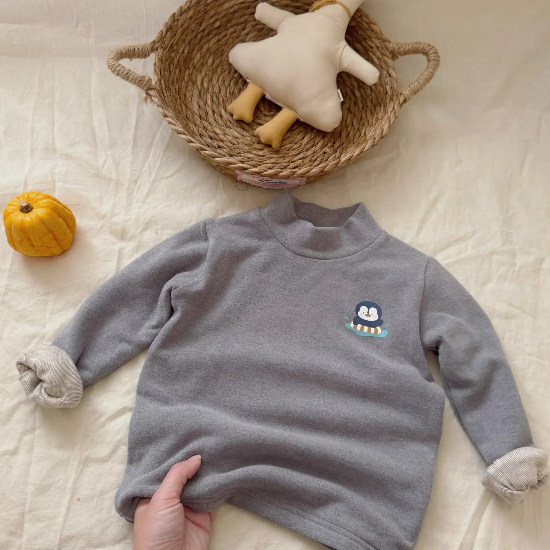 2025 Winter Boys Fleece T-Shirt Cream Double Layer