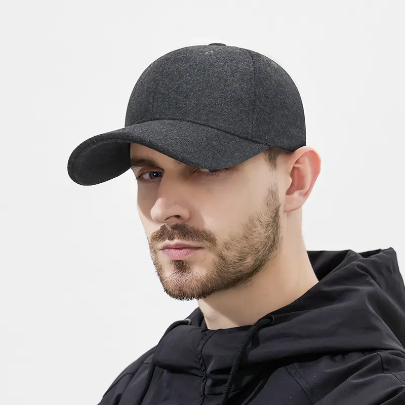 Men Woolen Baseball Cap Solid Black Winter Casual - Image 2