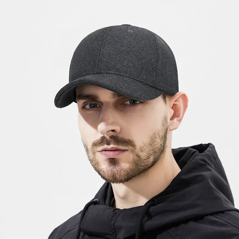 Men Woolen Baseball Cap Solid Black Winter Casual - Image 5