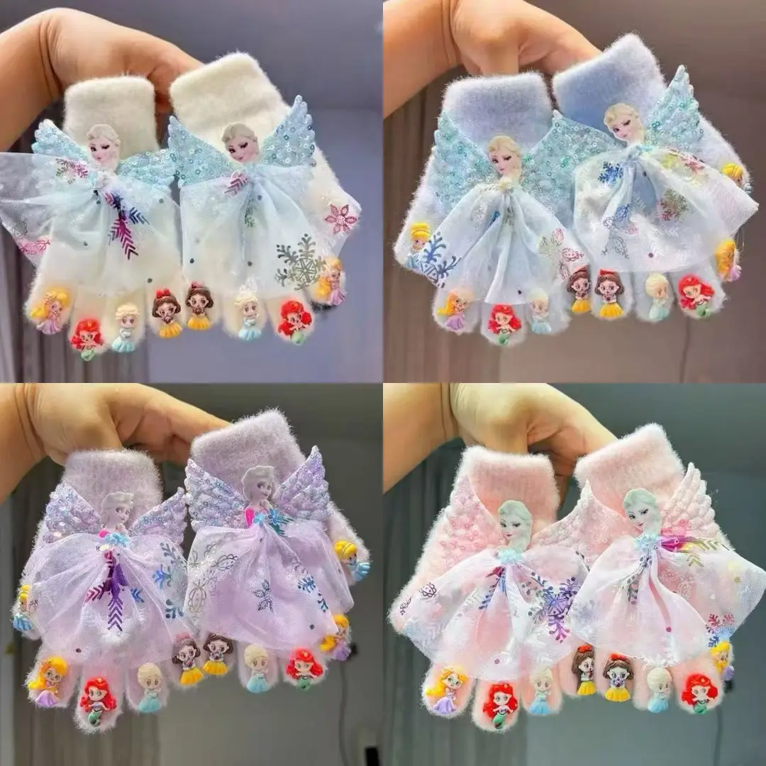 Children's Princess Elsa Autumn Girls' Cold Protection and Warmth Indoor Home Cute Cartoon Finger Gloves Wholesale