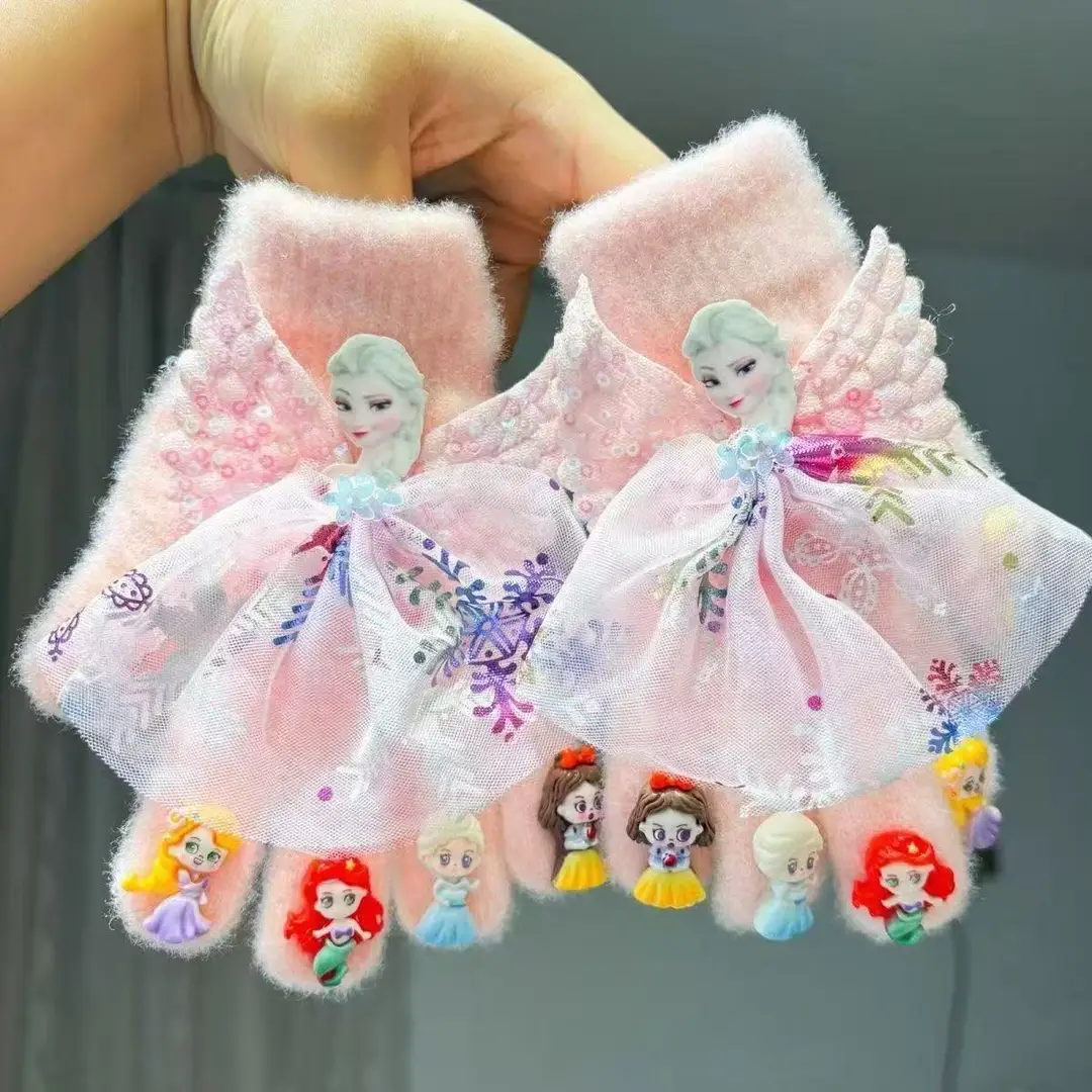Children's Princess Elsa Autumn Girls' Cold Protection and Warmth Indoor Home Cute Cartoon Finger Gloves Wholesale