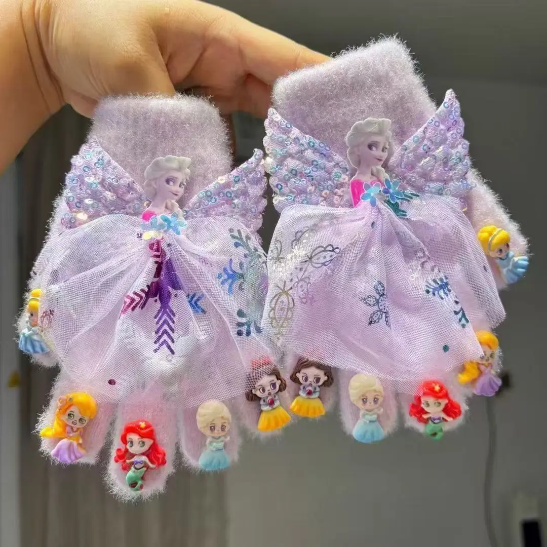 Children's Princess Elsa Autumn Girls' Cold Protection and Warmth Indoor Home Cute Cartoon Finger Gloves Wholesale
