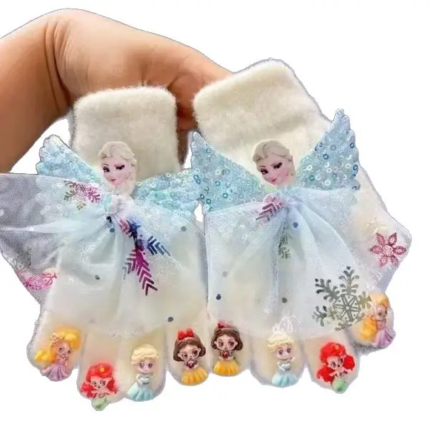Children's Princess Elsa Autumn Girls' Cold Protection and Warmth Indoor Home Cute Cartoon Finger Gloves Wholesale