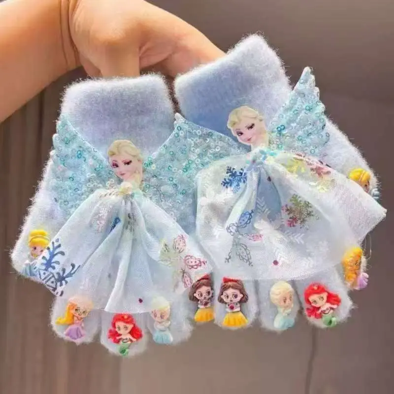 Children's Princess Elsa Autumn Girls' Cold Protection and Warmth Indoor Home Cute Cartoon Finger Gloves Wholesale